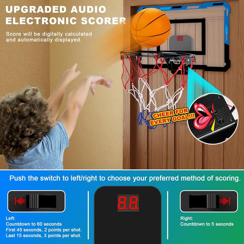 Loiley Basketball Hoop Indoor for Kids Adults with Scorer with 2 Scoring Methods, Door Room Basketball Mini Hoop with 3 Batteries and Balls, Basketball Accessories for Teen Boy Gifts, Blue - Image 2